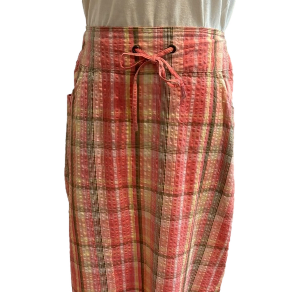 J PETERMAN 90s PINK & OLIVE GREEN PLAID SEERSUCKER PENCIL MIDI SKIRT SZ 12 - Picture 8 of 9